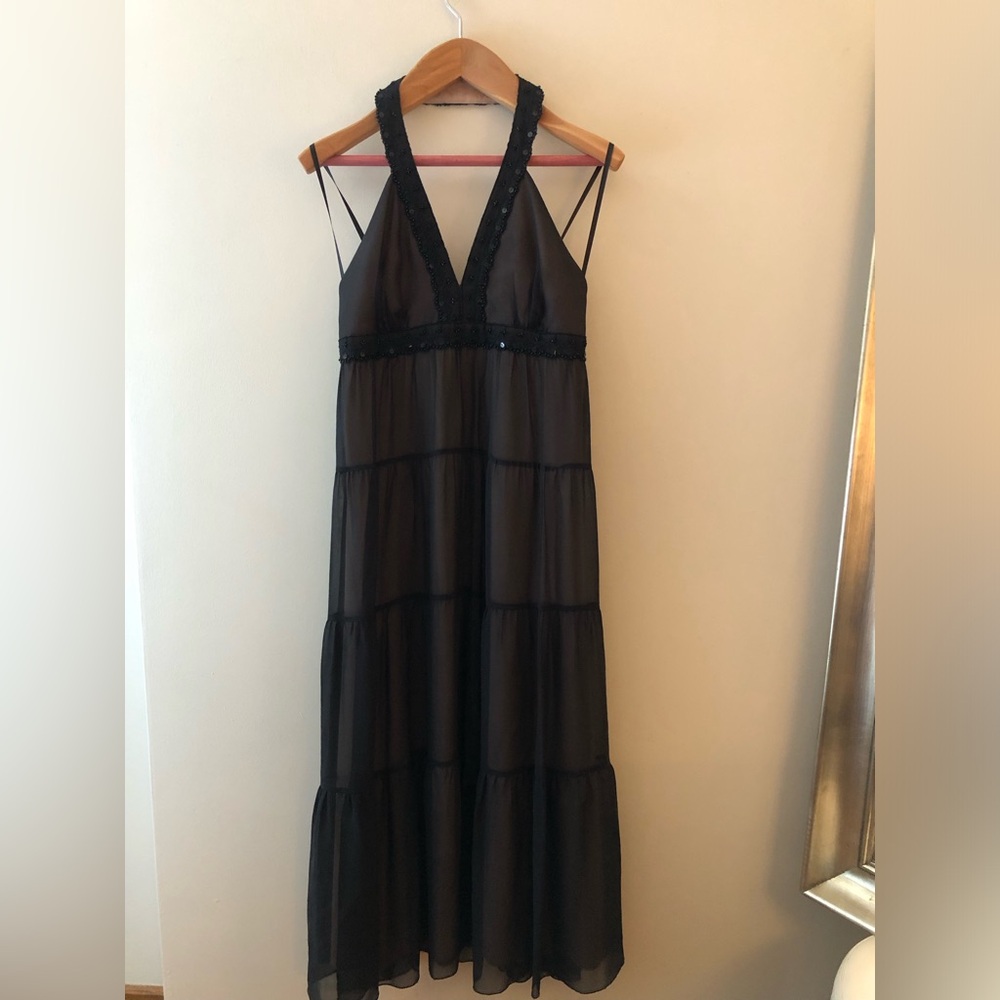 BCBG Paris Vintage 100% Silk Tiered Sequin Black Beaded Halter Maxi Dress